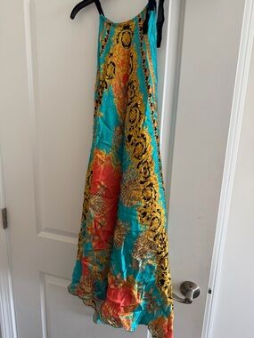Sauvage Women's Turquoise & Gold Maxi Dress with Coral Accents